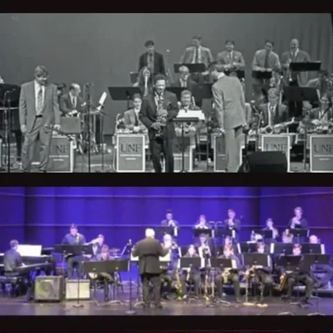 An image showing a black and white Jazz band on top and a Lehigh University Jazz band on the bottom.