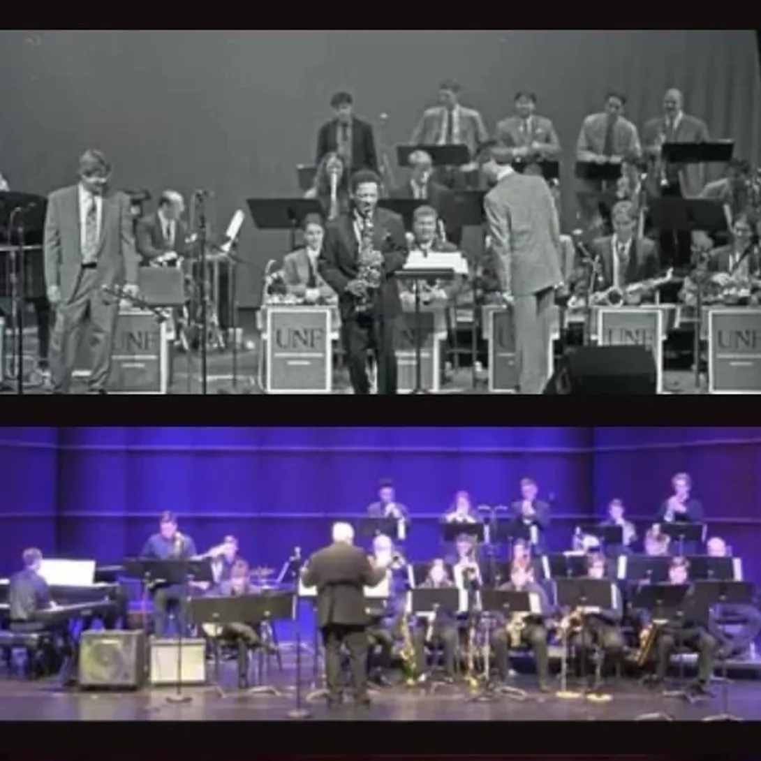An image showing a black and white Jazz band on top and a Lehigh University Jazz band on the bottom.