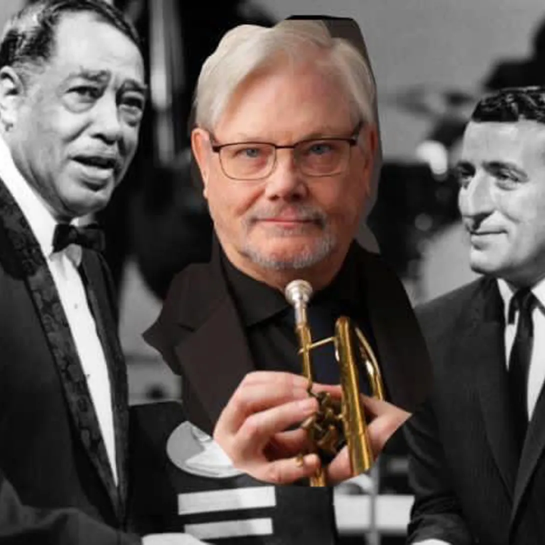 Bill Warfield holding the trumpet in the middle of two famous Jazz artists' images.